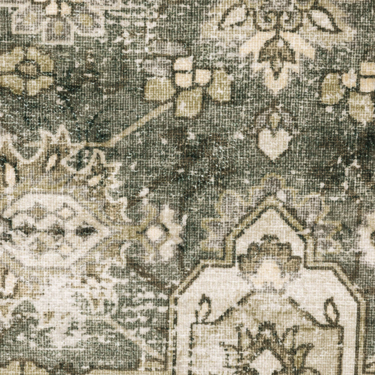 Close-up of Malibu Blue & Beige washable polyester rug with distressed traditional pattern.