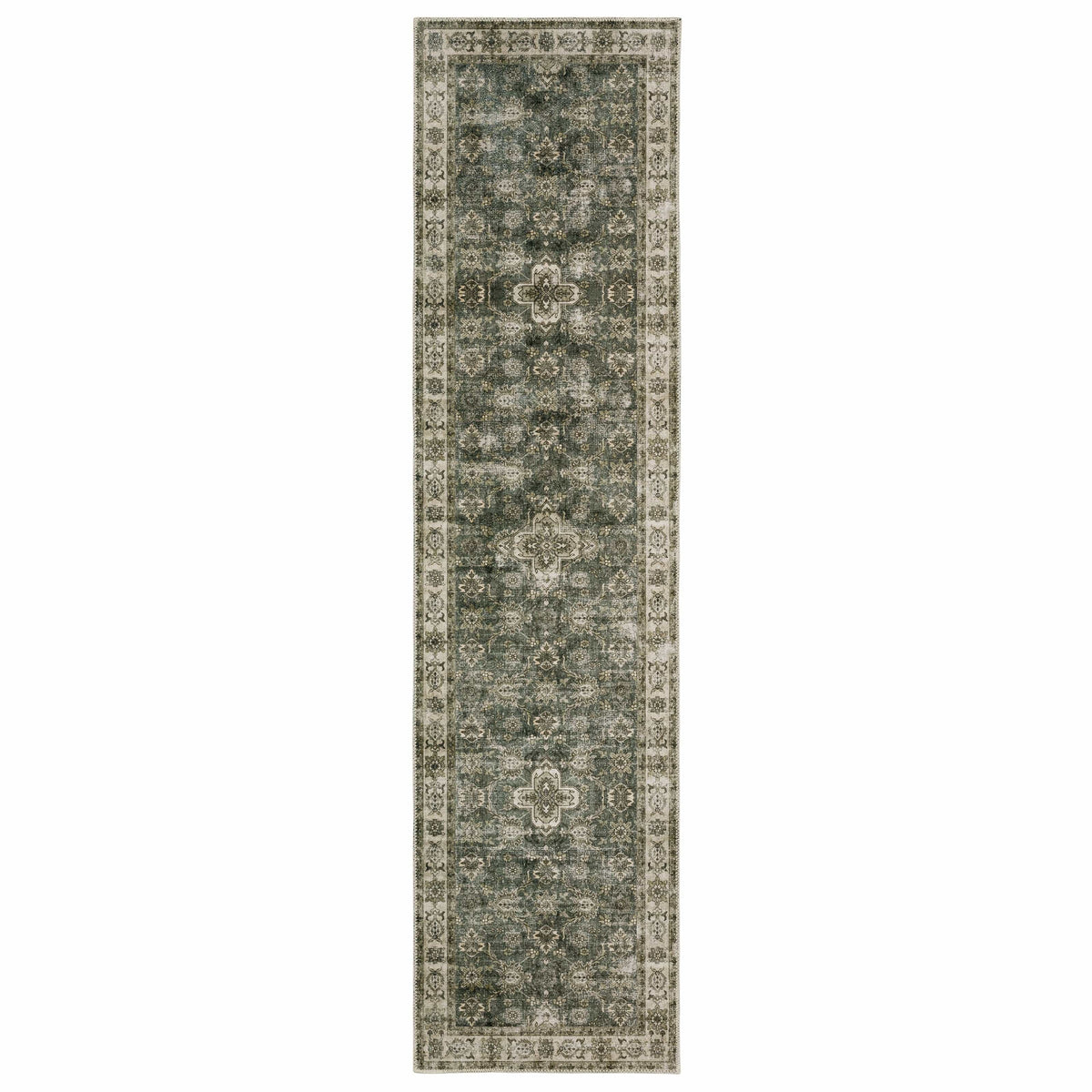 Malibu Blue & Beige washable polyester rug runner with distressed medallion pattern and non-slip backing.