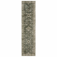 Malibu Blue & Beige washable polyester rug runner with distressed medallion pattern and non-slip backing.