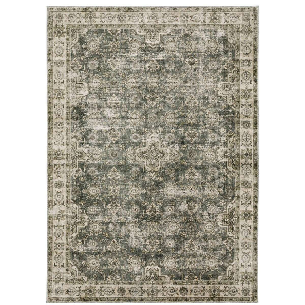 Malibu Blue & Beige Washable Rug with distressed floral pattern and ornate border.