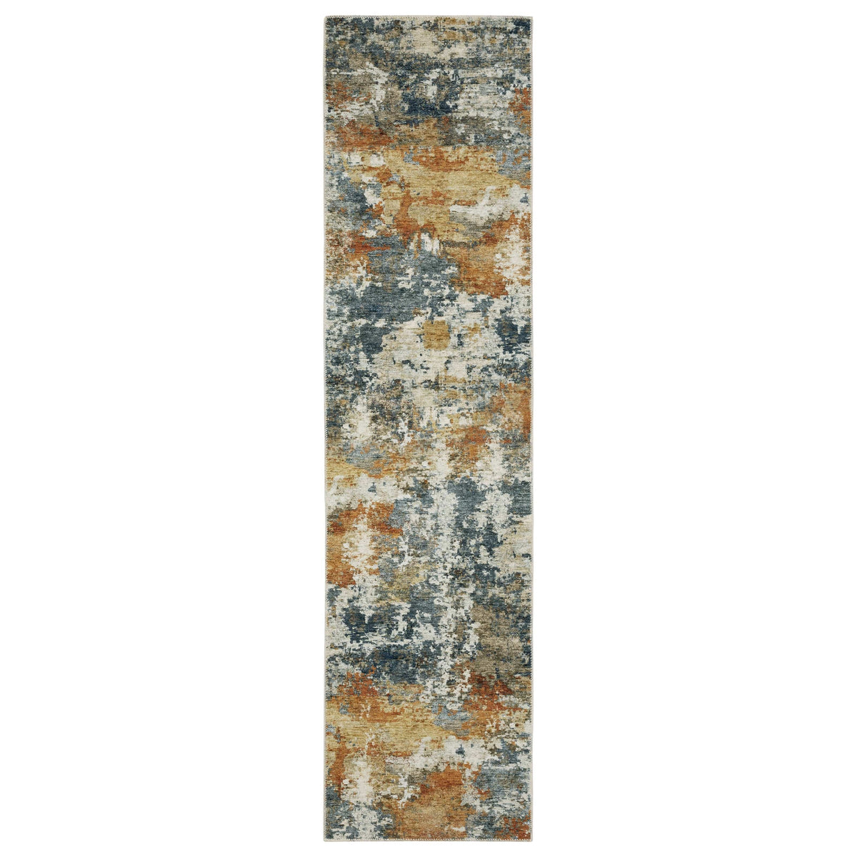 Malibu Blue & Gold washable polyester rug with abstract, distressed design and non-slip backing.