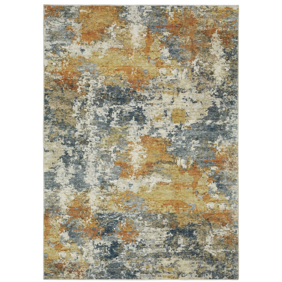 Malibu Blue & Gold washable polyester rug with abstract distressed design and non-slip backing.