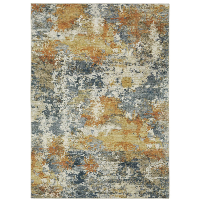 Malibu Blue & Gold washable polyester rug with abstract distressed design and non-slip backing.
