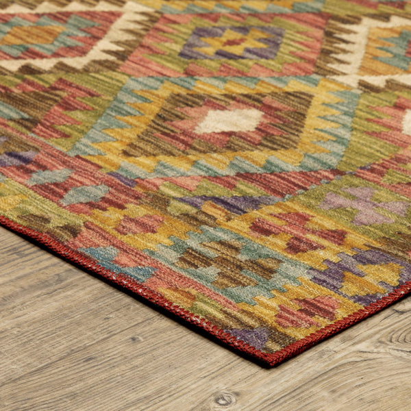 Malibu Gold & Multi-Colored Washable Rug, polyester, with geometric pattern on wood floor.