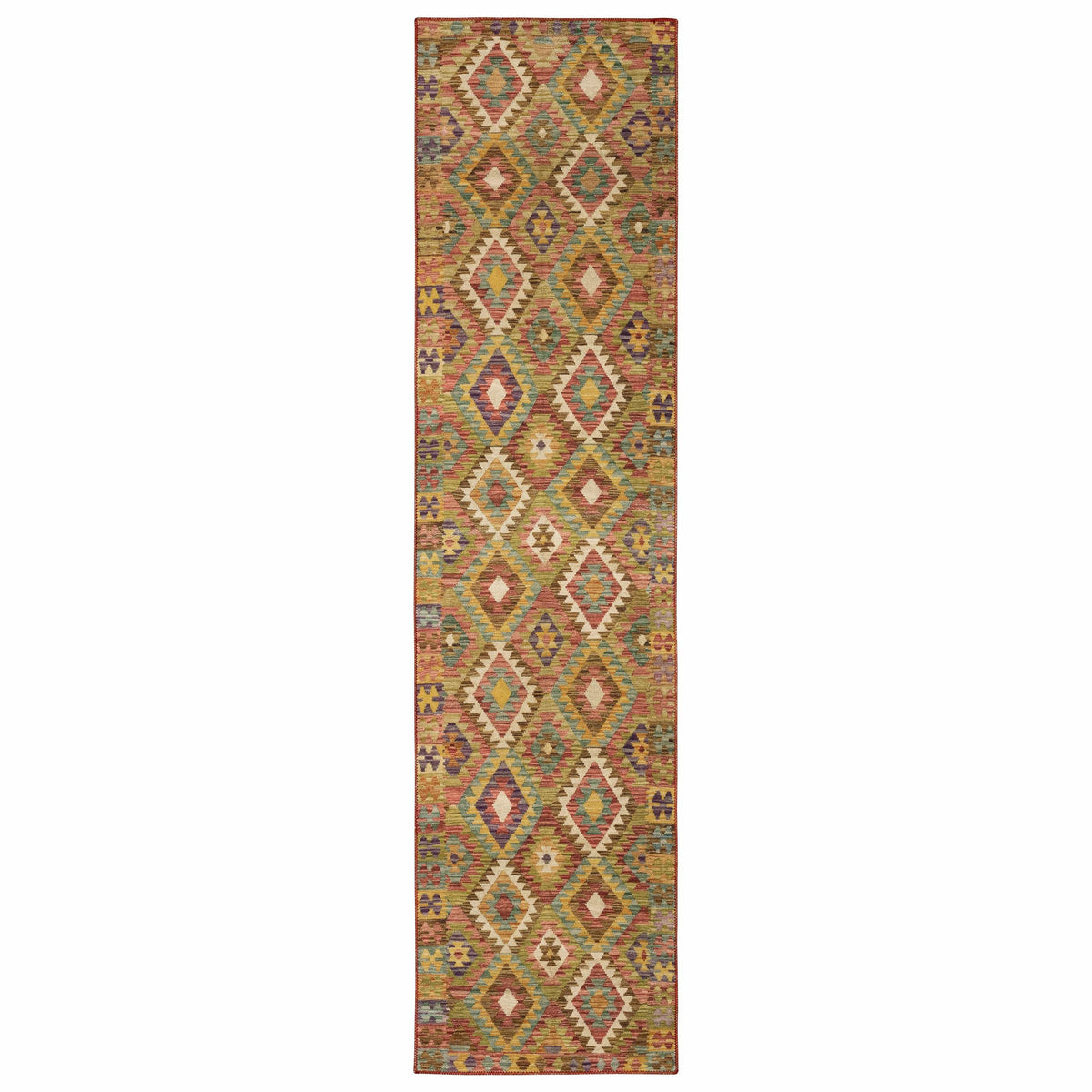 Malibu Gold & Multi-Colored washable polyester rug with diamond pattern and non-slip backing.