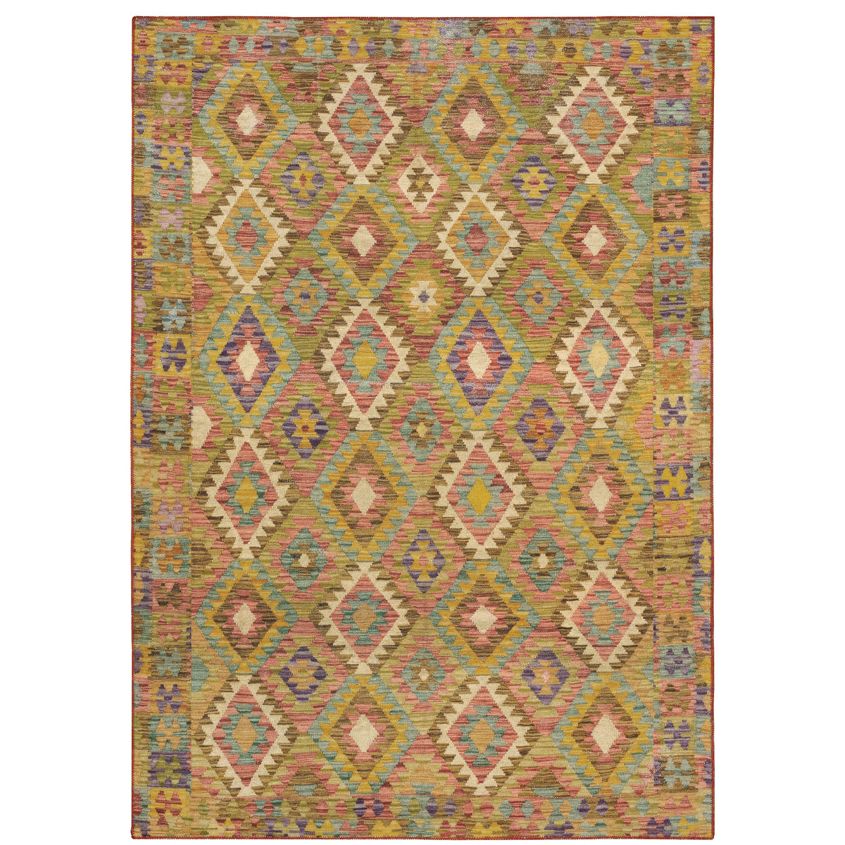 Malibu Gold & Multi-Colored Washable Rug with geometric diamond pattern, 100% polyester.
