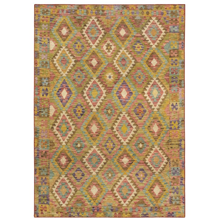 Malibu Gold & Multi-Colored Washable Rug with geometric diamond pattern, 100% polyester.