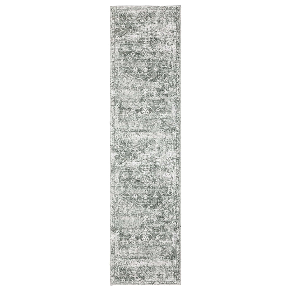 Malibu Grey & Ivory washable runner rug with distressed traditional design and non-slip backing.