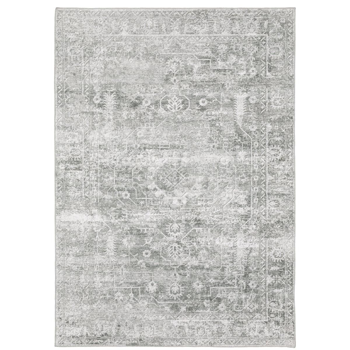 Malibu Grey & Ivory washable polyester rug with distressed traditional and abstract designs.