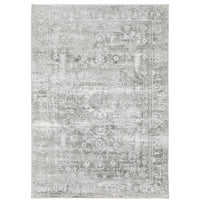 Malibu Grey & Ivory washable polyester rug with distressed traditional and abstract designs.