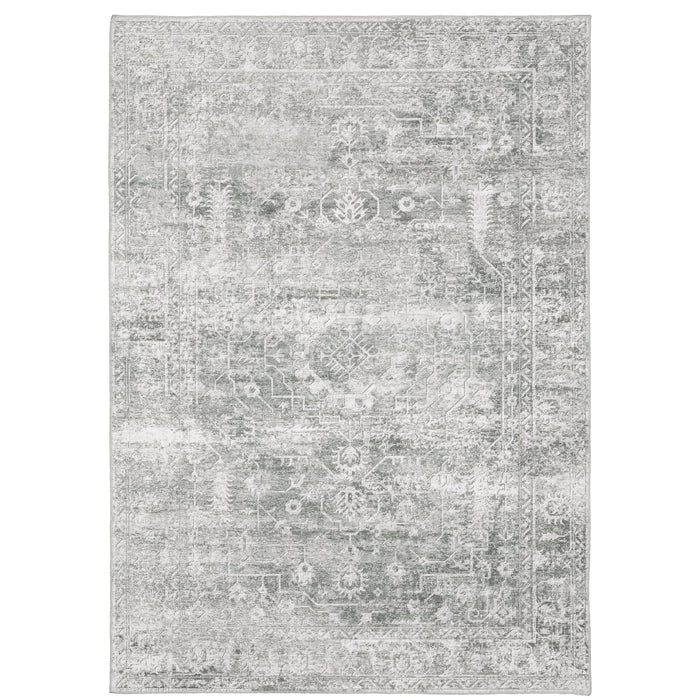 Malibu Grey & Ivory washable polyester rug with distressed traditional and abstract designs.