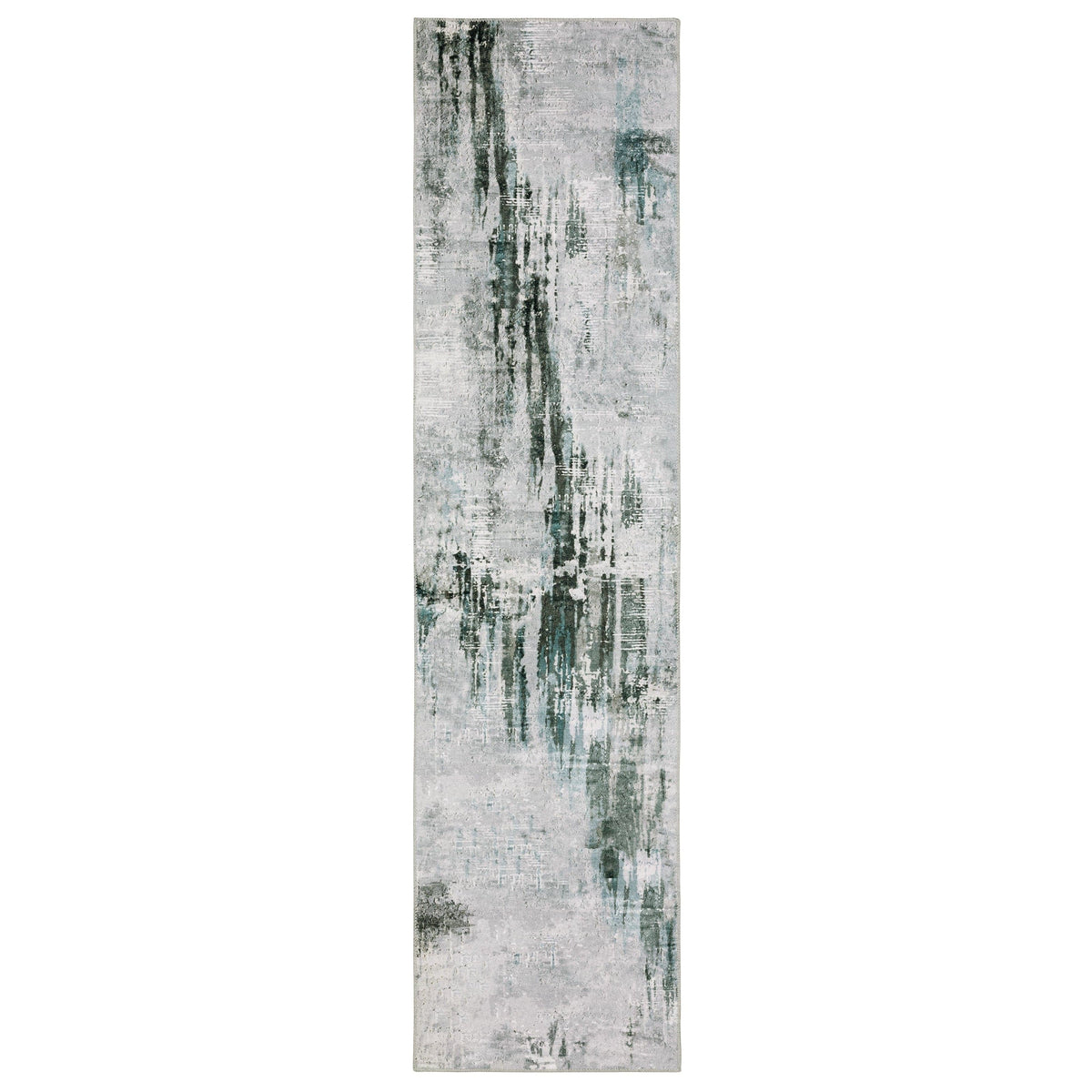 Malibu Grey & Multi Washable Rug with abstract grey and teal design, polyester, non-slip backing.