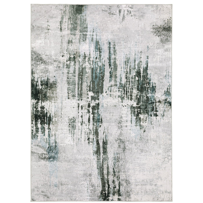 Malibu Grey & Multi Washable Rug with abstract grey, white, and teal machine-printed design.