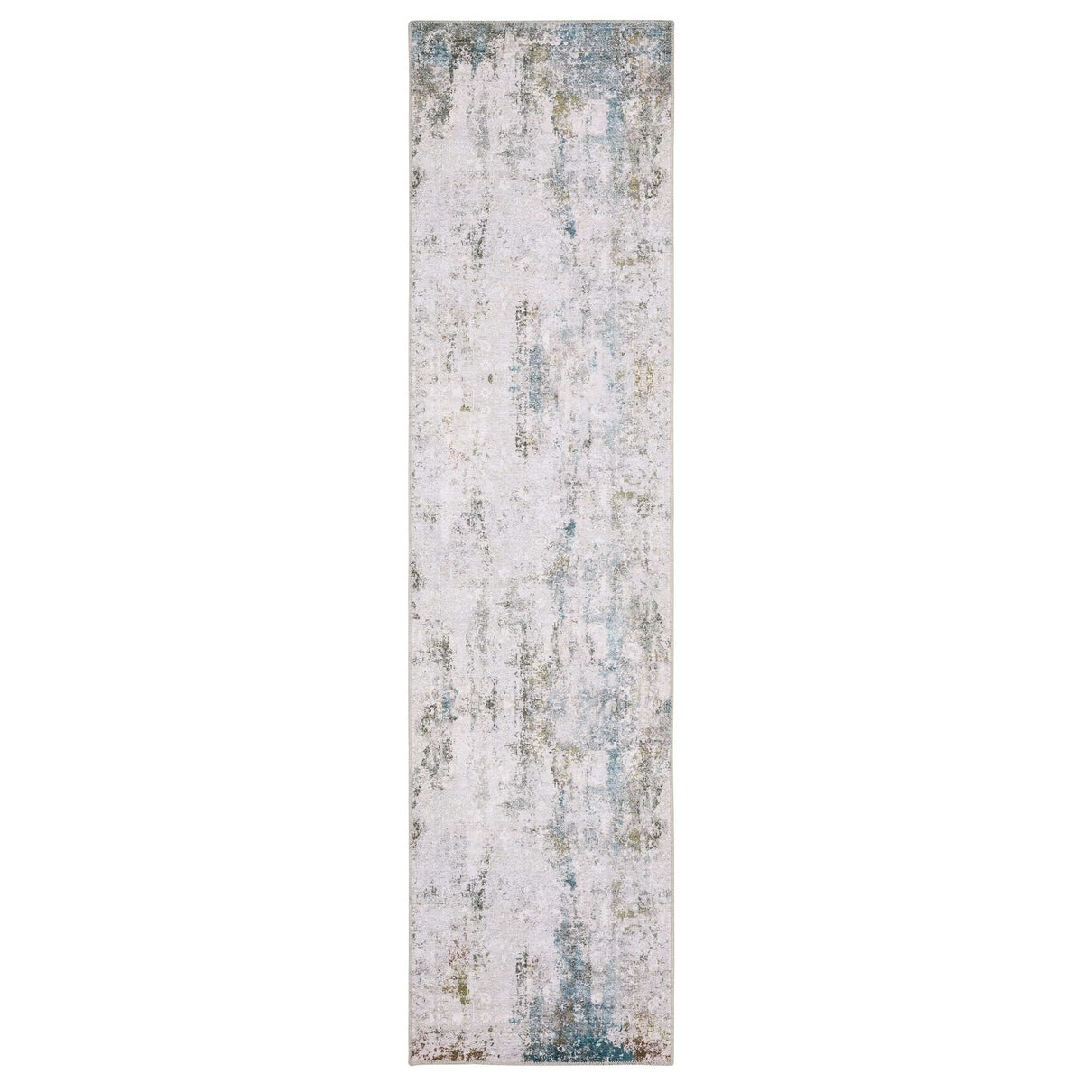 Malibu Ivory & Blue Washable Rug, a long polyester runner with distressed abstract design.