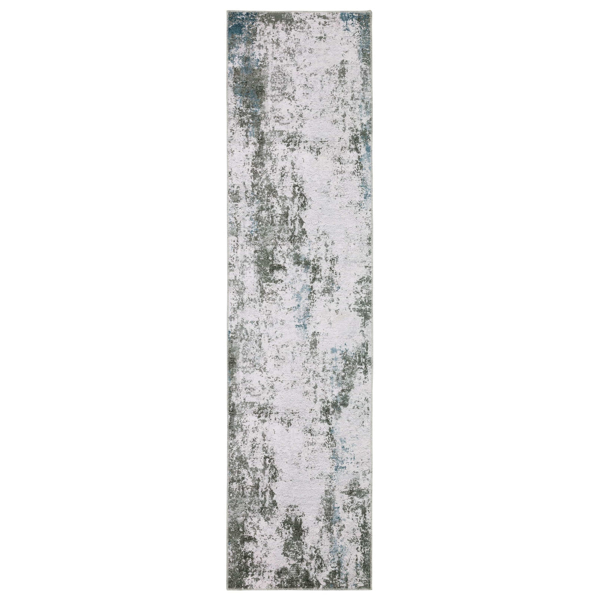 Malibu Ivory & Grey washable polyester rug with distressed abstract design and non-slip backing.