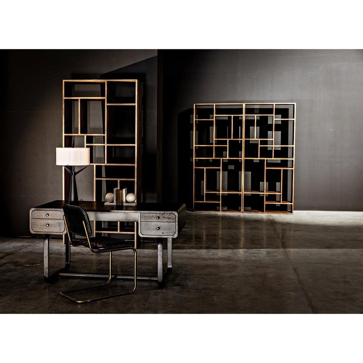 Malic Dark Walnut Bookshelf, 88"H, with cubbies, displayed next to a matching desk and chair.