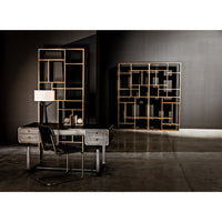 Malic Dark Walnut Bookshelf, 88"H, with cubbies, displayed next to a matching desk and chair.