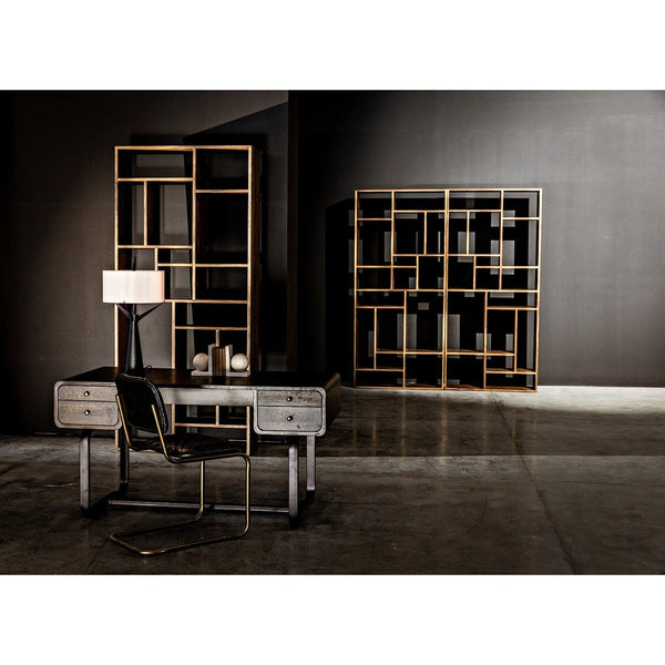 Malic Dark Walnut Bookshelf, 88"H, with cubbies, displayed next to a matching desk and chair.