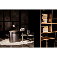Malic 88"H dark walnut bookshelf with cubbies, shown with books.