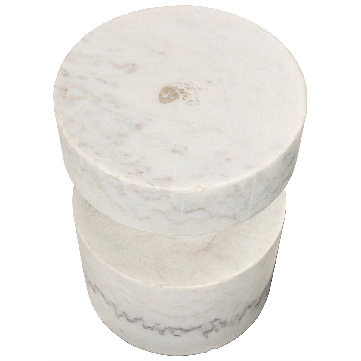 Hand-carved Mamud white marble side table with a round top and cylindrical base.