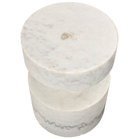 Hand-carved Mamud white marble side table with a round top and cylindrical base.