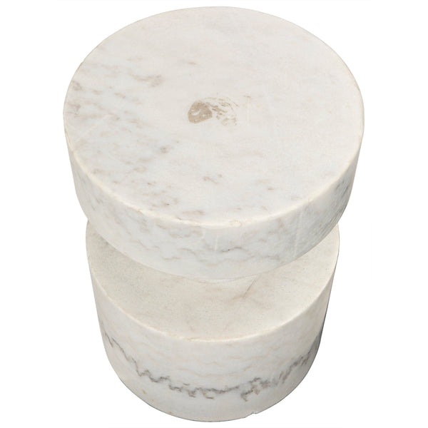 Hand-carved Mamud white marble side table with a round top and cylindrical base.