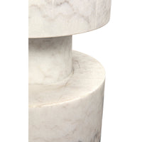 Mamud hand-carved white marble side table with a contemporary stacked cylindrical design.