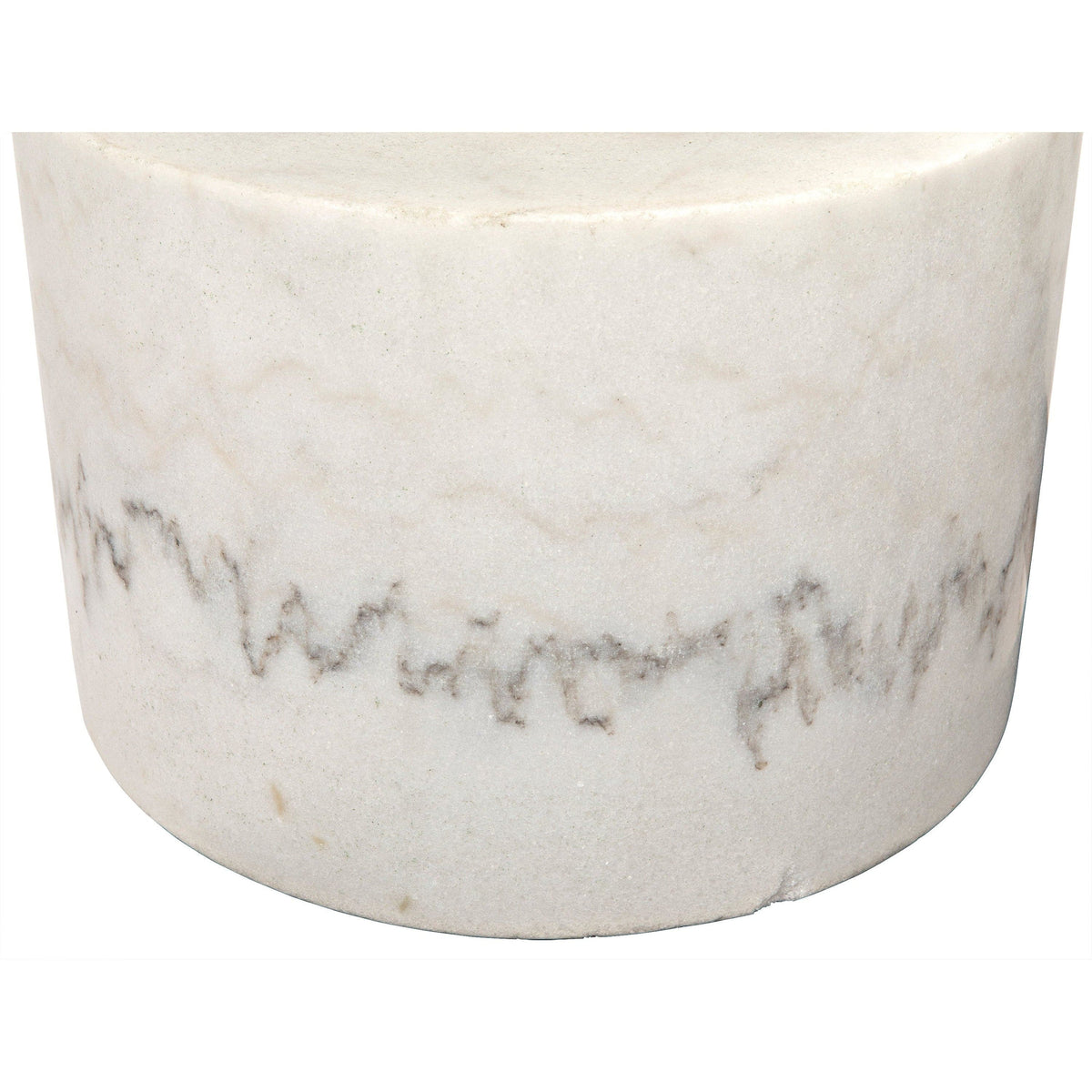 Mamud hand-carved white marble side table with unique natural gray veining.