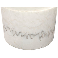Mamud hand-carved white marble side table with unique natural gray veining.