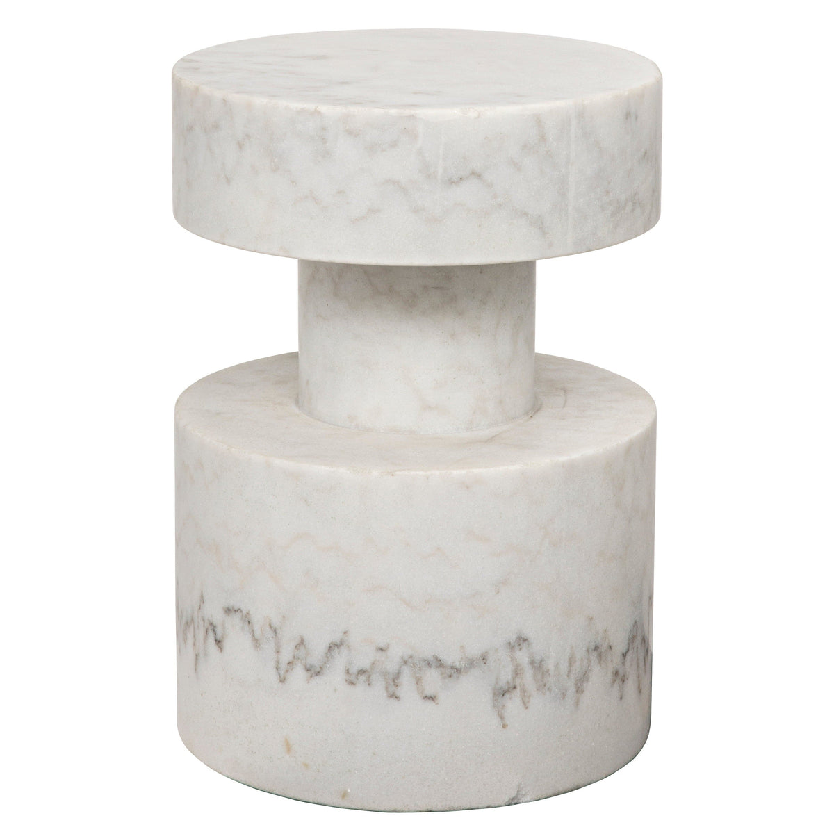 Mamud White Marble Side Table, hand-carved with a round top and base, connected by a cylindrical column.
