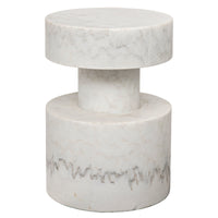 Mamud White Marble Side Table, hand-carved with a round top and base, connected by a cylindrical column.