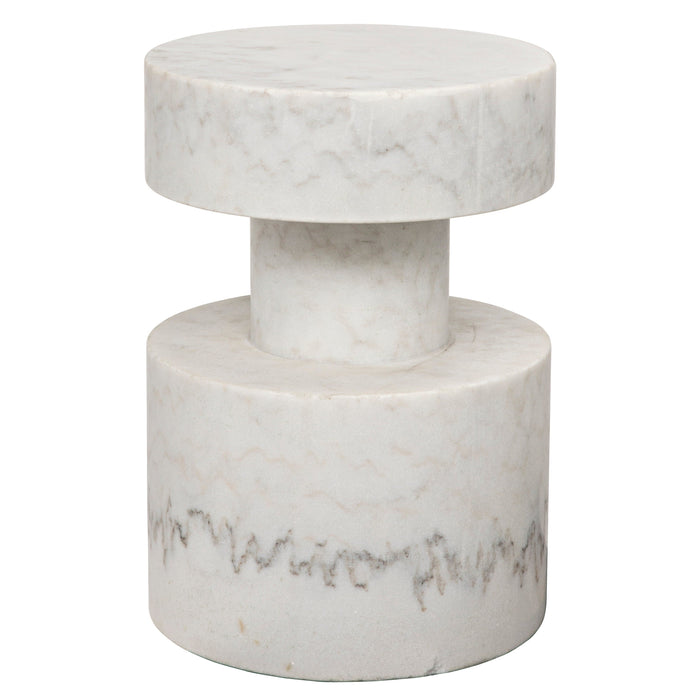 Mamud White Marble Side Table, hand-carved with a round top and base, connected by a cylindrical column.