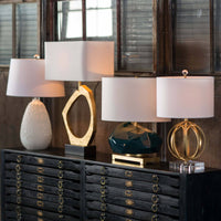 Manhattan Table Lamp Gold Leaf with organic gilded base and rectangular linen shade.