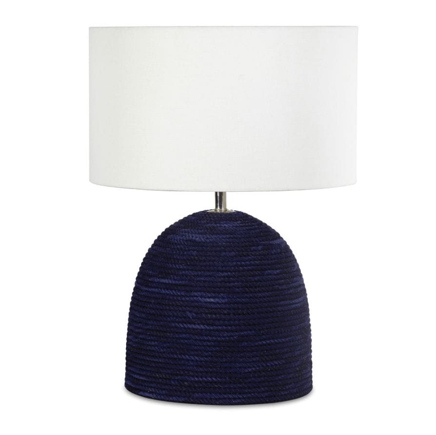 Manuka Table Lamp with a hand-wrapped indigo rope base and a white linen drum shade.