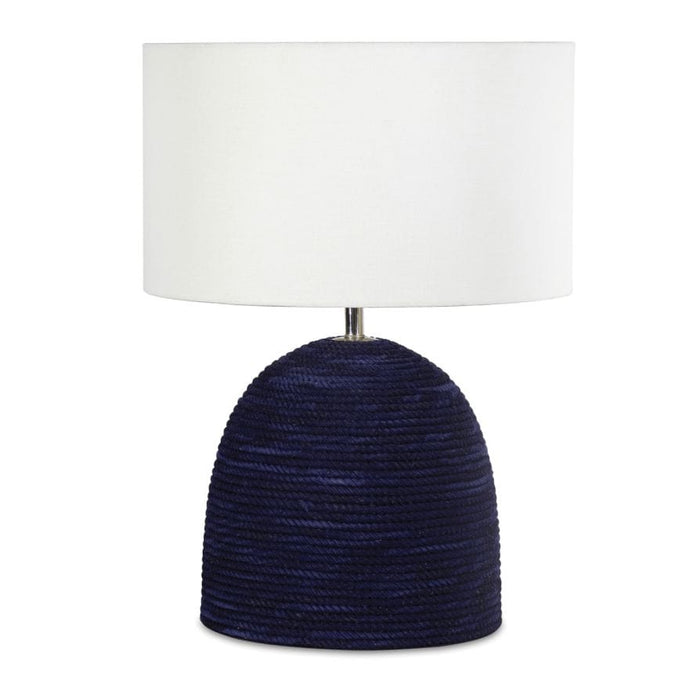 Manuka Table Lamp with a hand-wrapped indigo rope base and a white linen drum shade.