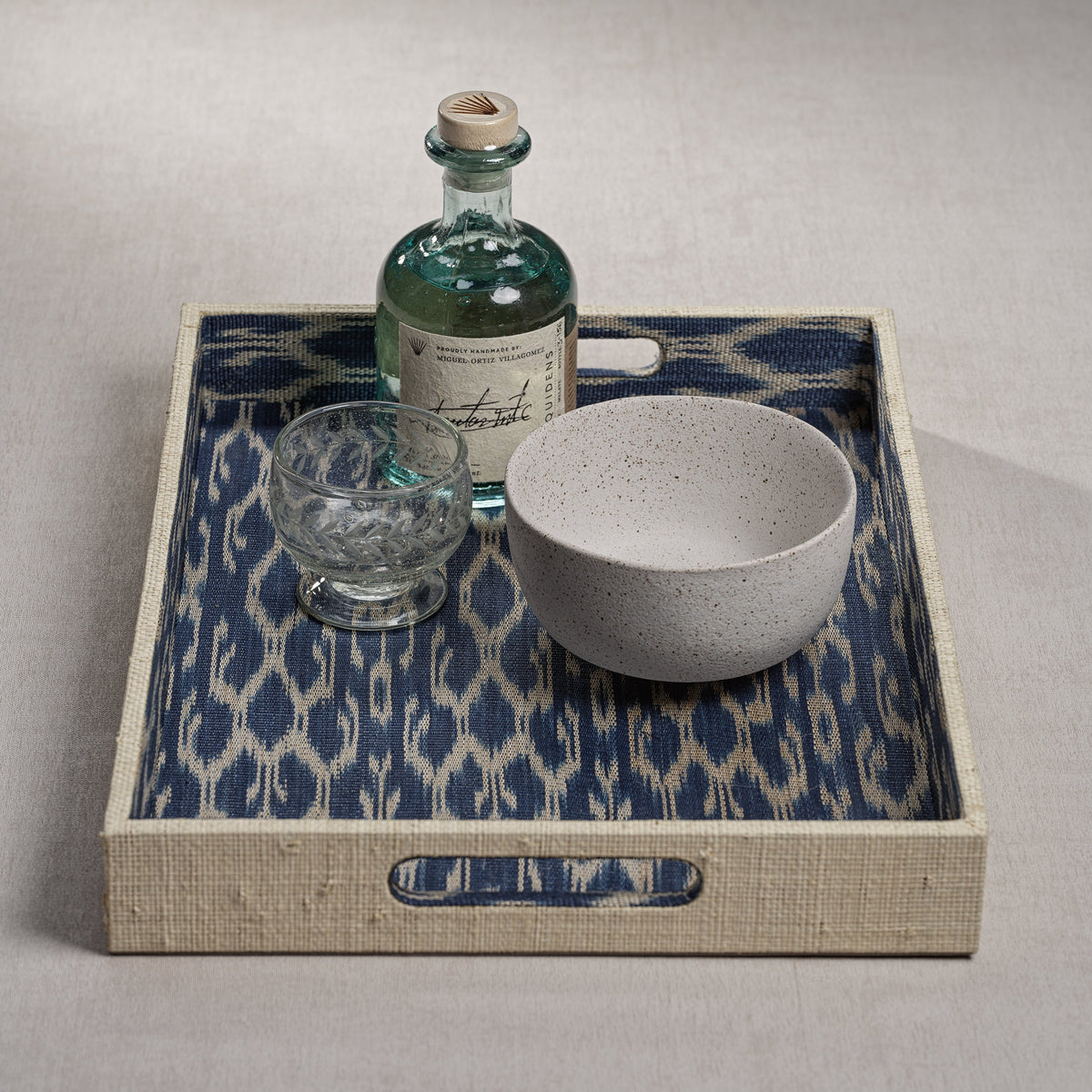 Marano Blue & Natural Raffia Serving Tray - Tray Top View | Bone & Brass