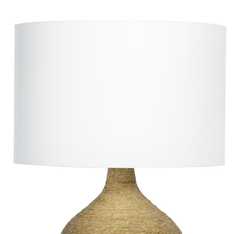 Maren Table Lamp with natural rope-wrapped base and white linen shade, 26" tall.