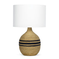 Maren Table Lamp with natural rope-wrapped base, three navy stripes, and a white linen shade.