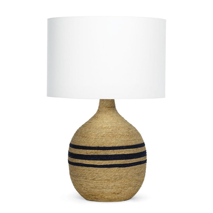 Maren Table Lamp with natural rope-wrapped base, three navy stripes, and a white linen shade.