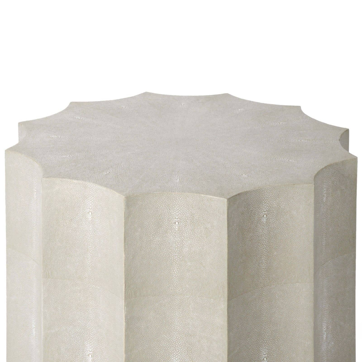 Marilyn Ivory Shagreen Scalloped Accent Table with faux shagreen covering and modern shape.