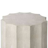 Marilyn Ivory Shagreen Scalloped Accent Table with faux shagreen covering and modern shape.