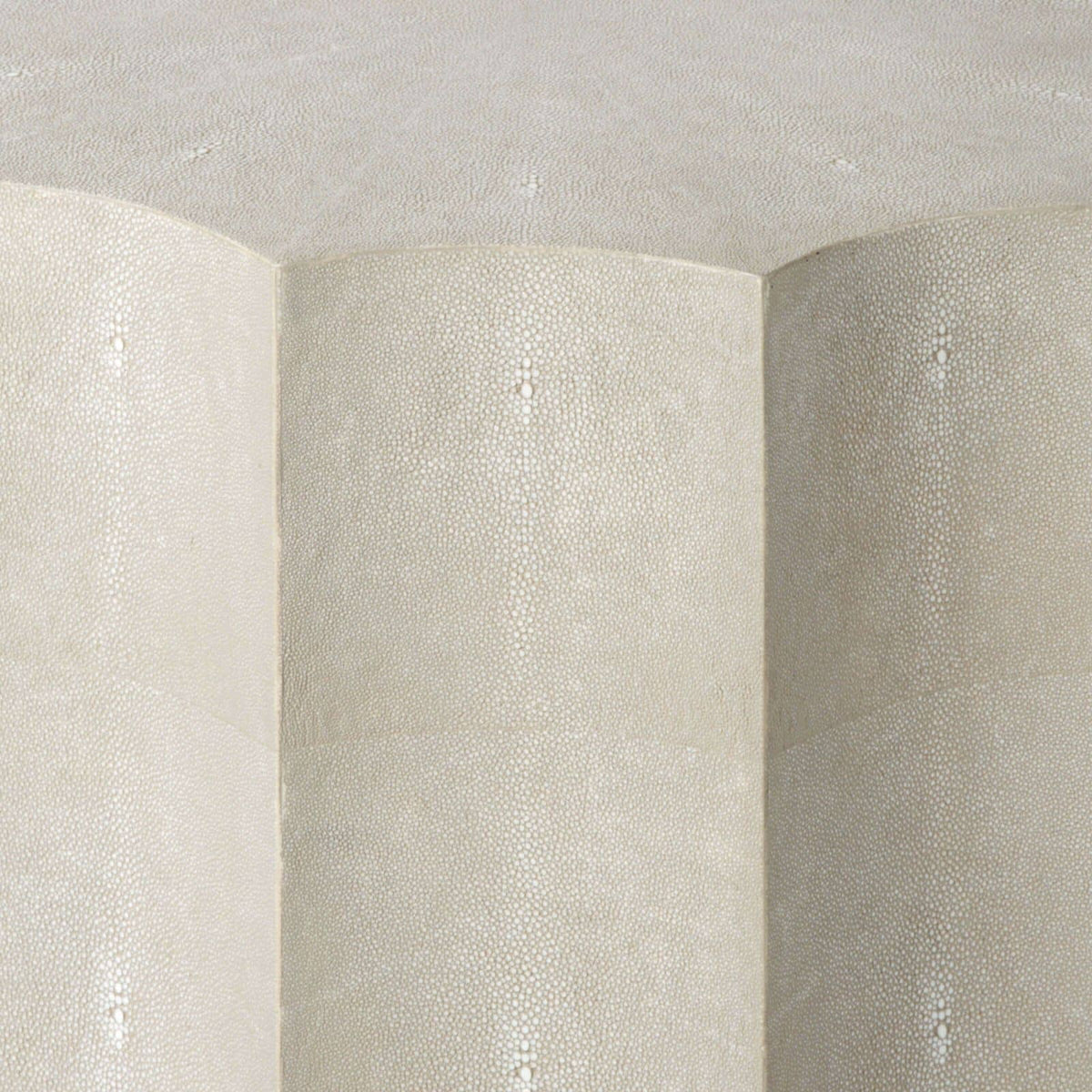 Marilyn Ivory Shagreen Scalloped Accent Table, showing faux shagreen texture and modern scalloped shape.