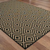 Marina Black & Tan Outdoor Rug with a geometric square pattern on a wood floor.