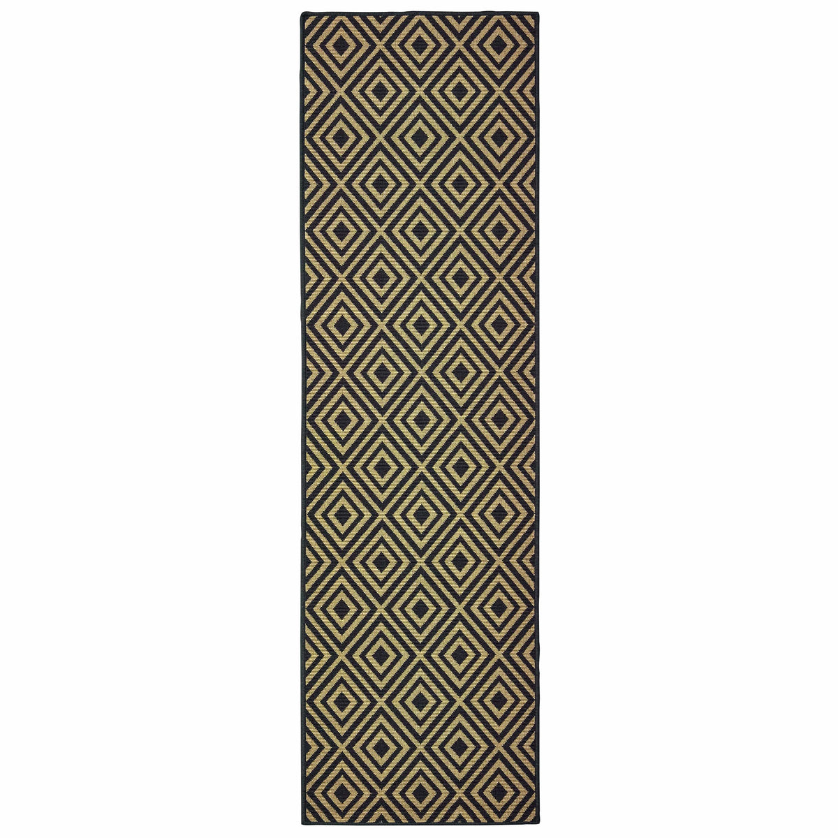 Marina Black & Tan outdoor rug with a geometric diamond pattern, made of durable polypropylene.