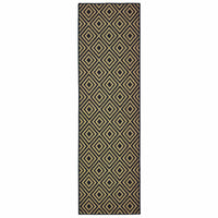 Marina Black & Tan outdoor rug with a geometric diamond pattern, made of durable polypropylene.