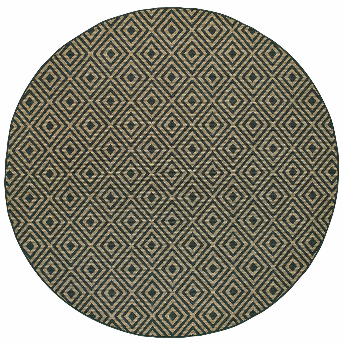 Round Marina Black & Tan outdoor rug with a geometric diamond pattern, made of durable polypropylene.
