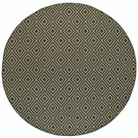 Round Marina Black & Tan outdoor rug with a geometric diamond pattern, made of durable polypropylene.