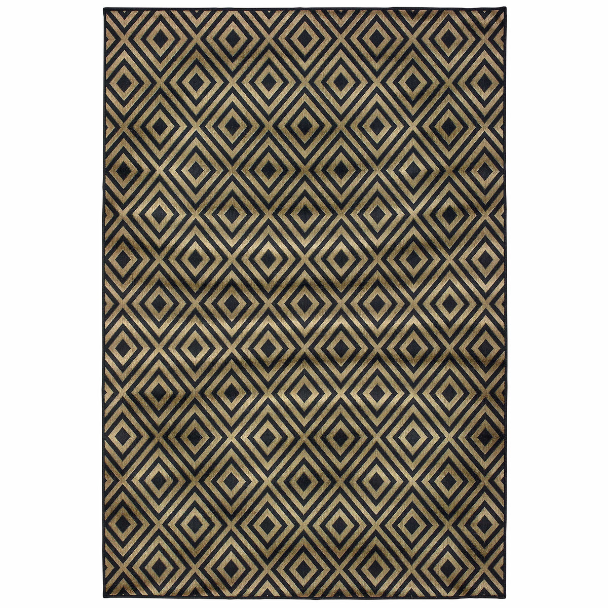 Marina Black & Tan Outdoor Rug with geometric diamond pattern, made of durable polypropylene.