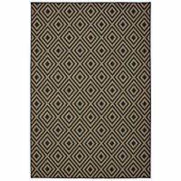 Marina Black & Tan Outdoor Rug with geometric diamond pattern, made of durable polypropylene.