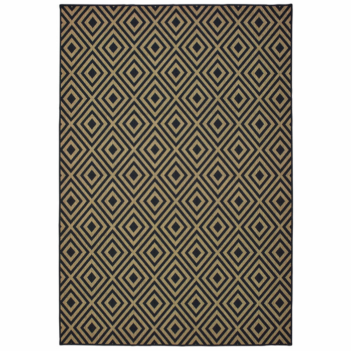 Marina Black & Tan Outdoor Rug with geometric diamond pattern, made of durable polypropylene.